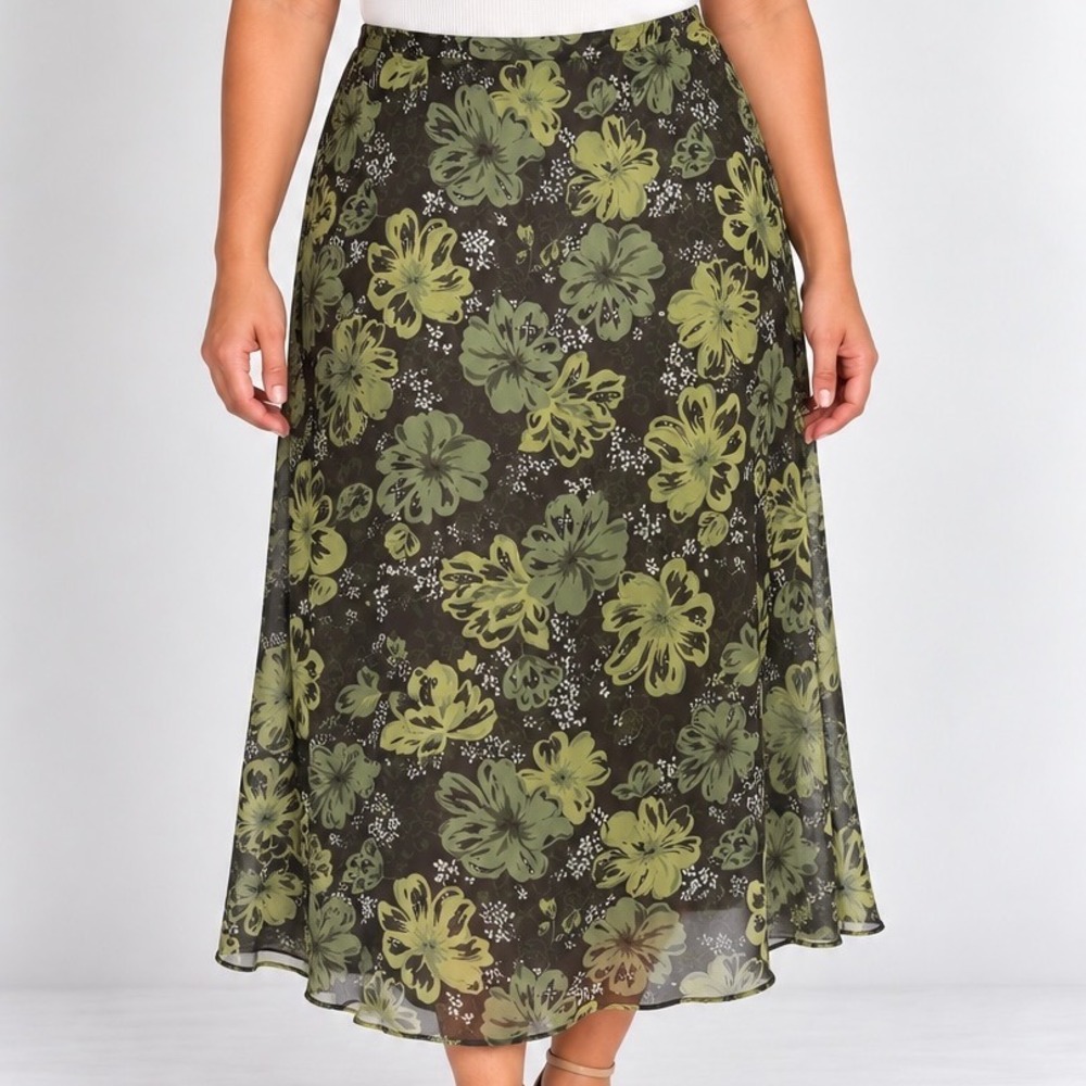 Floral Chiffon Midi Skirt Size 16 Green Brown Sheer Overlay Boho Fairycore